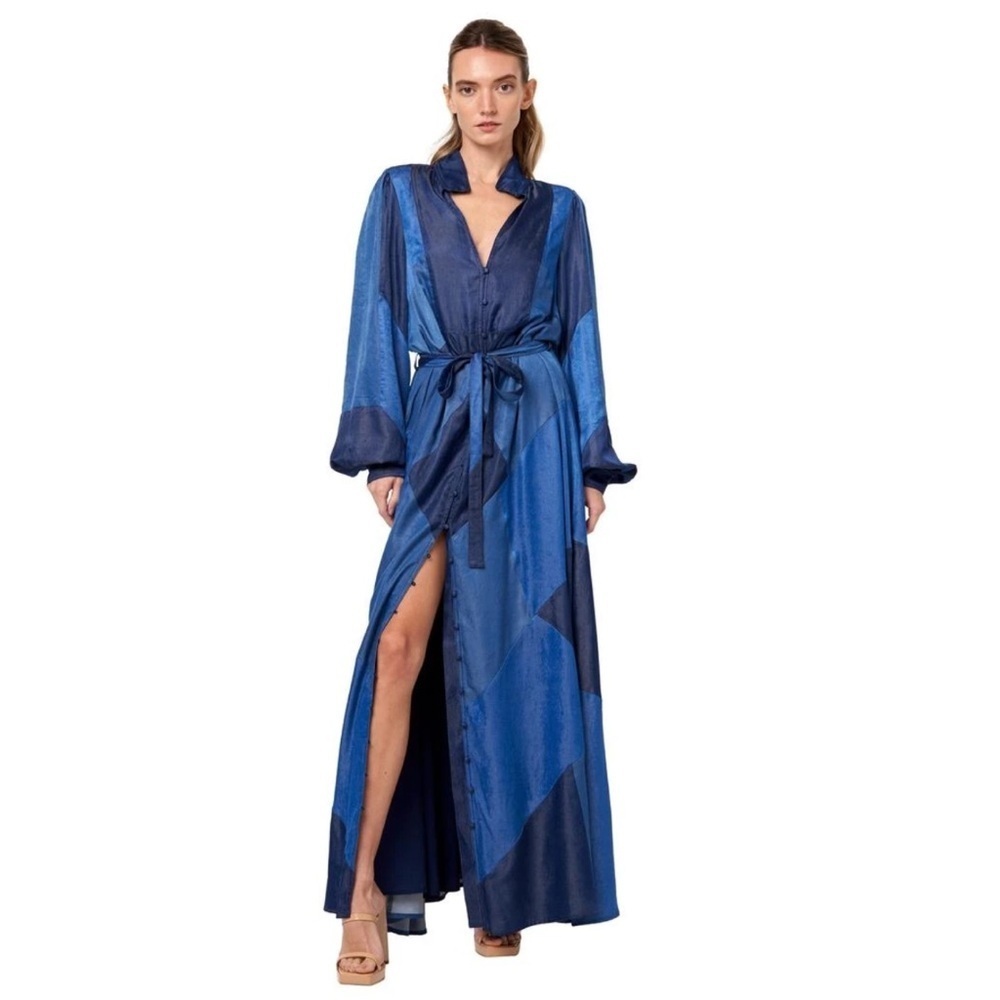Denim Chambray Patchwork Long Sleeve Shirt Dress Blue Size XL